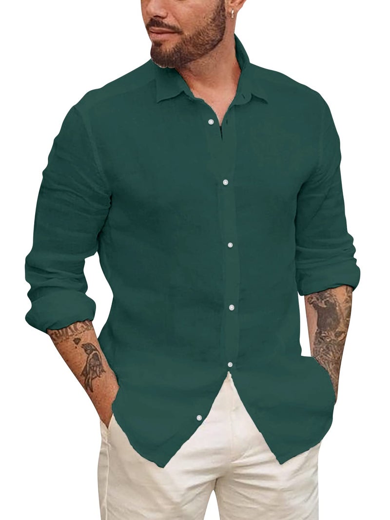 Runcati Mens Linen Casual Long Sleeve Shirt Cotton Tees Loose Fit Button Down Roll Up Summer Beach Yoga Tops (XXX-Large, Green-1) - Image 1